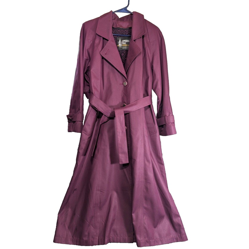 Vintage London Fog Trench Coat Womens 8P Purple Belted USA Classic Lined